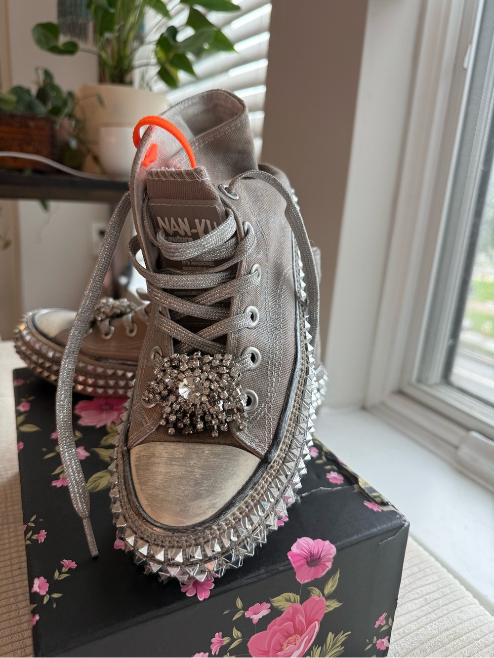 Nan-Vu Silver Crystal Embellished Women’s High-Top Sneakers